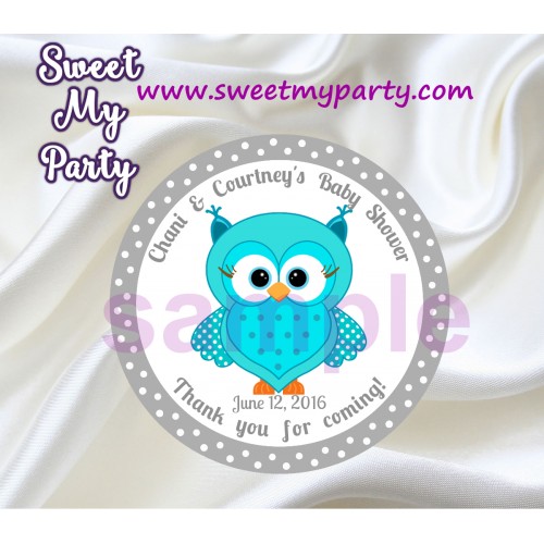 Turquoise Owl Baby Shower stickers,Turquoise Owl Baby Shower thank you tags,(001)